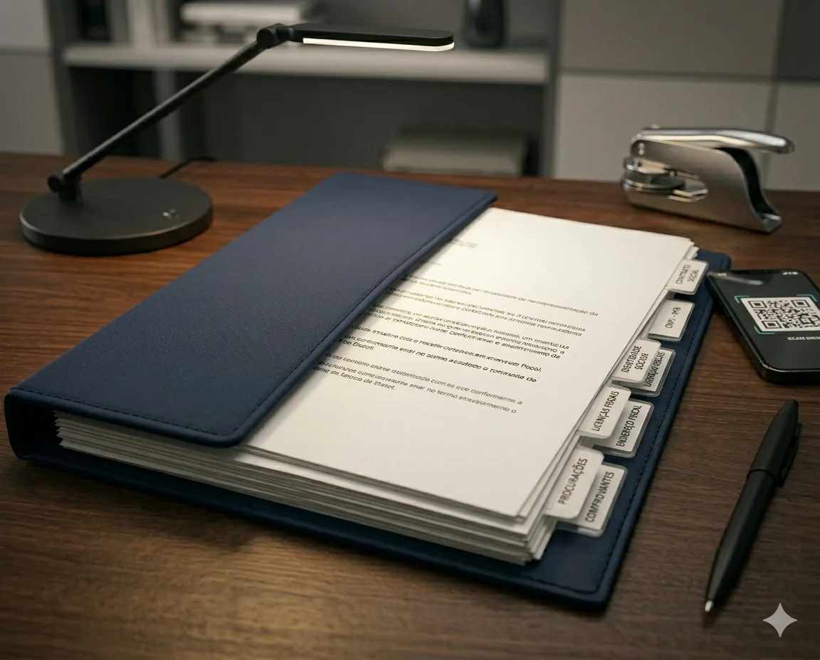 Pasta com registros cadastrais e documentos físicos representando dados de CNPJ e contrato social na Receita Federal
